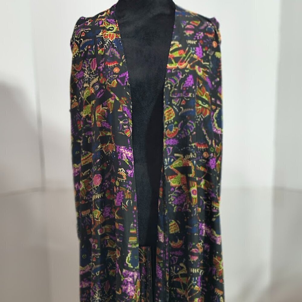 Lula Roe Sleeveless Duster Vest Black Floral and Mushroom Women's Size Large